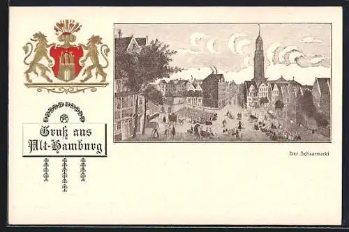 Passepartout-Lithographie Hamburg-Neustadt, Der Schaarmarkt mit Passanten, Wappen