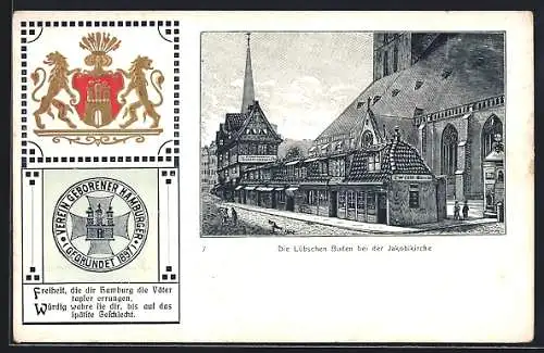 Passepartout-Lithographie Hamburg, Die Lübschen Buden, Jakobikirche, Wappen