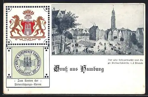 Passepartout-Lithographie Hamburg-Neustadt, Der alte Schaarmarkt und die gr. Michaeliskirche v. d. Brande, Wappen