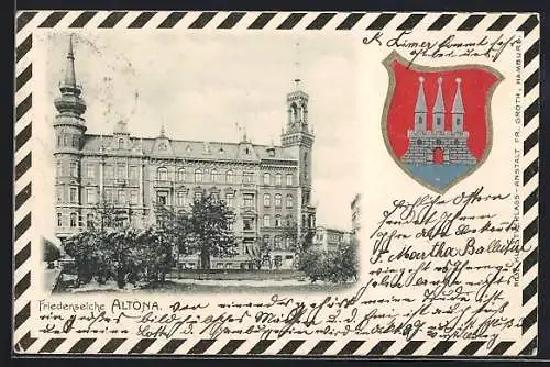 Passepartout-Lithographie Hamburg-Altona, Partie an der Friedenseiche, Wappen