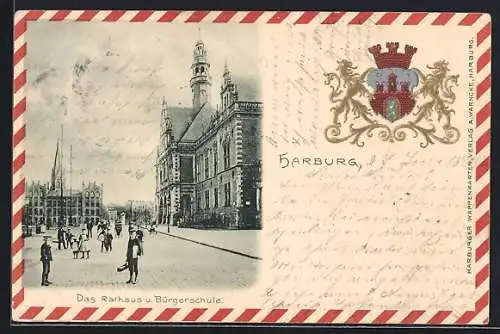 Passepartout-Lithographie Harburg, Das Rathaus und die Bürgerschule, Wappen