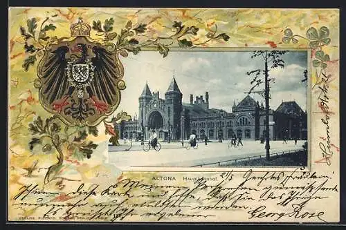 Passepartout-Lithographie Hamburg-Altona, Partie am Hauptbahnhof, Wappen mit Eichenzweig