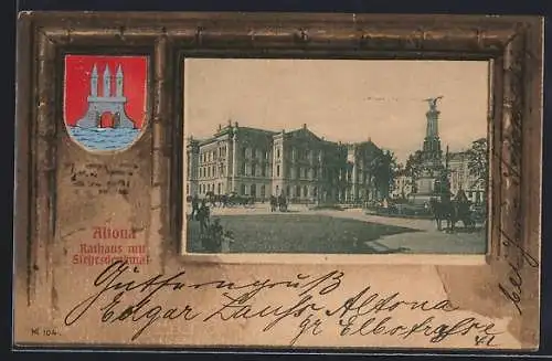 Passepartout-Lithographie Hamburg-Altona, Rathaus mit Siegesdenkmal, Burgmauer mit Wappen