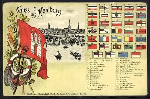 Passepartout-Lithographie Hamburg, Uferpartie mit Brücke, Landesflaggen, Wappen und Anker