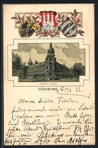 Passepartout-Lithographie Hamburg-Neustadt, Partie an der Hauptpost, Wappen und Lorbeerzweig