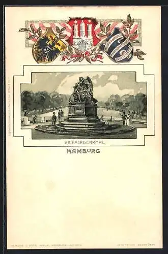 Passepartout-Lithographie Hamburg-Neustadt, Kriegerdenkmal auf der Esplanade mit Wappen