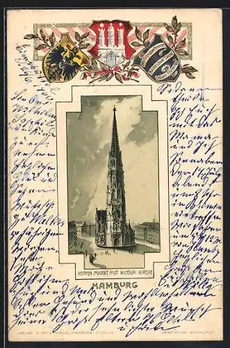 Passepartout-Lithographie Hamburg, Hopfenmarkt mit Nicolai-Kirche, Wappen und Lorbeerzweig