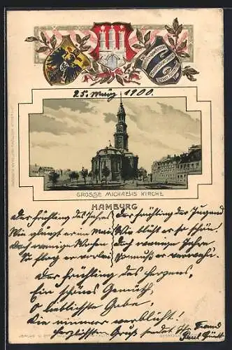 Passepartout-Lithographie Hamburg-Neustadt, Grosse Michaelis-Kirche, Wappen und Lorbeerzweig