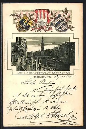 Passepartout-Lithographie Hamburg, Fleet bei der Reimersbrücke mit Katharinenkirche, Wappen und Lorbeerzweig