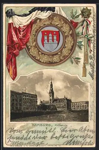 Passepartout-Lithographie Hamburg, Rathaus vom Wasser aus gesehen, Wappen mit Kranz aus Eichenlaub, preussische Fahne