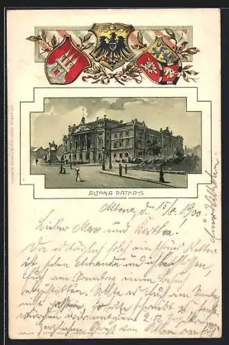 Passepartout-Lithographie Hamburg-Altona, Partie am Rathaus, Wappen und Lorbeerzweig