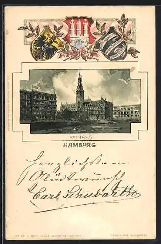 Passepartout-Lithographie Hamburg, Blick zum Rathaus & Wappen