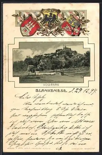 Passepartout-Lithographie Hamburg-Blankenese, Blick auf den Süllberg, Wappen und Lorbeerzweig