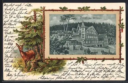 Passepartout-Lithographie Dobel bei Wildbad, Hotel Sonne und Rahmen mit Reh