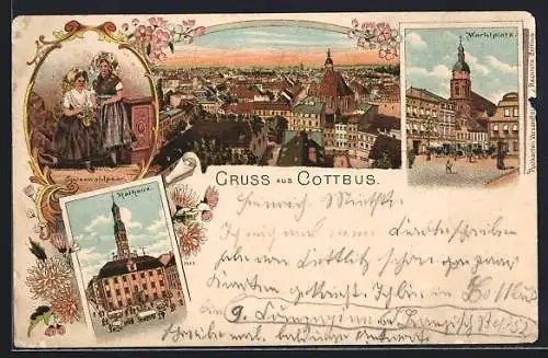 Lithographie Cottbus, Rathaus, Marktplatz, Spreewaldpaar