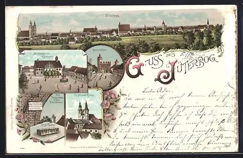 Lithographie Jüterbog, Marktplatz mit Rathaus, Ev. Nicolaikirche, Dammthor, Panorama