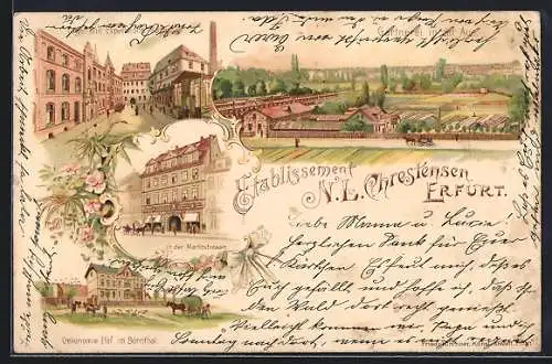 Lithographie Erfurt, Café N.L. Chrestensen, Gärtnerei an der Au, Marktstrasse