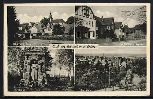 AK Bischleben b. Erfurt, Blick a. d. Gera, Strasse und Ehrenmal