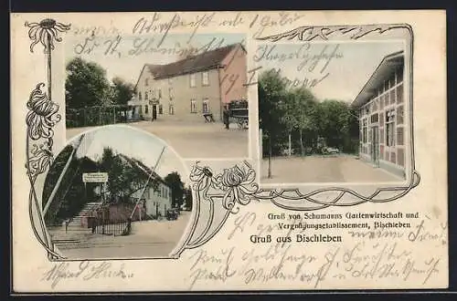 AK Bischleben, Restaurant Schumanns Gartenwirtschaft, Ansicht von der Strasse und Gartenplätze