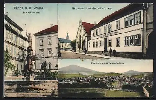 AK Vacha a. d. Werra, Marktbrunnen, Restaurant zum deutschen Haus und Panorama