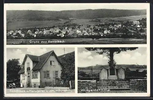 AK Kesselbach, Gasthaus v. Joh. Höchst, Kriegerdenkmal und Panorama