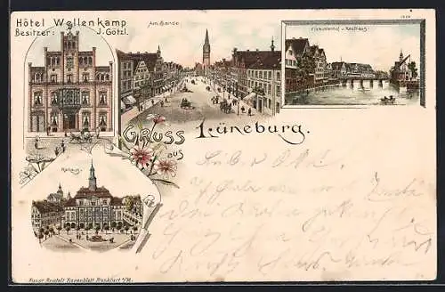 Lithographie Lüneburg, Hotel Wellenkamp, Bes. J. Götzl, Viskuhlenhof & Kaufhaus, Rathaus, Am Sande