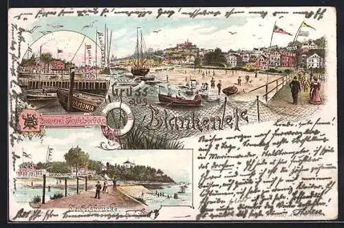 Lithographie Hamburg-Blankenese, Bauerei Teufelsbrücke, Teufelsbrücke, Strandleben