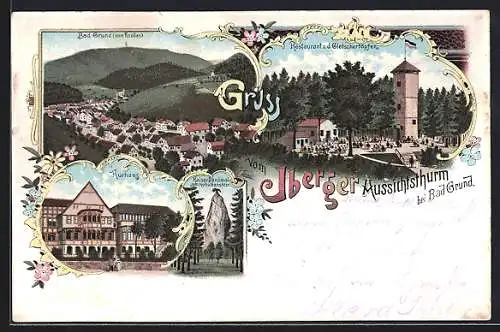 Lithographie Bad Grund, Restaurant z. d. Gletschertöpfen und Iberger Aussichtsturm, Kurhaus