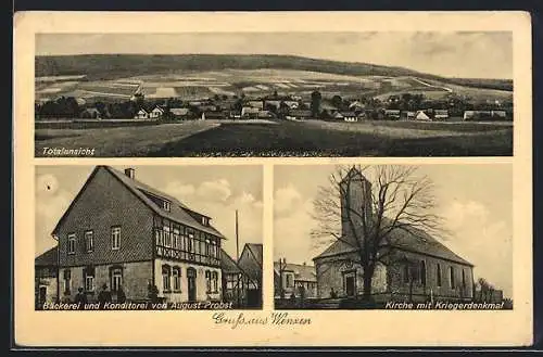 AK Wenzen, Bäckerei & Konditorei August Probst, Kirche, Ortsansicht