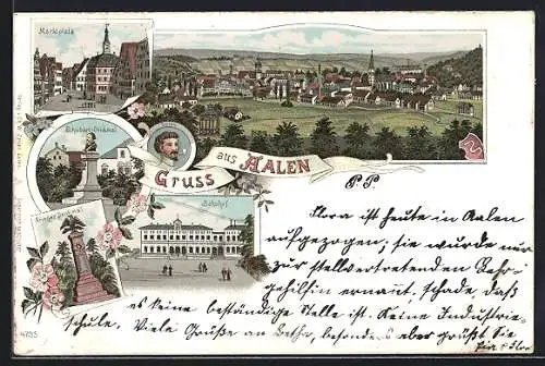 Lithographie Aalen, Ortsansicht, Marktplatz, Schubart-Denkmal, Bahnhof