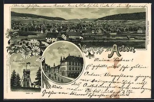 Lithographie Aalen, Aussichtsturm auf dem Aalbäumle, Marktplatz, Ortsansicht