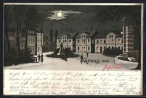 Lithographie Aalen, Stadtplatz mit Denkmal bei Vollmond