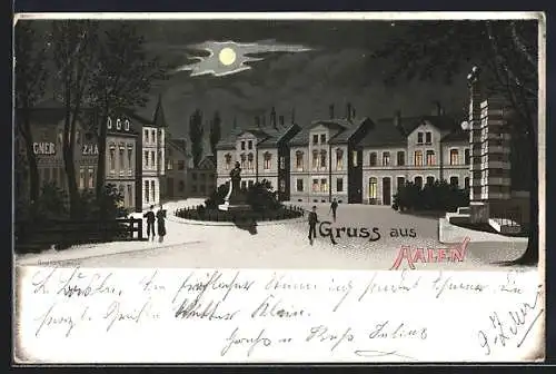 Lithographie Aalen, Stadtplatz mit Denkmal bei Vollmond