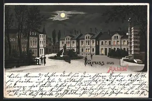 Lithographie Aalen, Stadtplatz mit Denkmal bei Vollmond