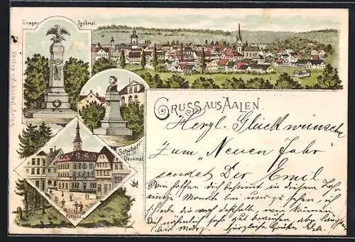 Lithographie Aalen, Schubart-Denkmal, Rathaus und Kriegerdenkmal