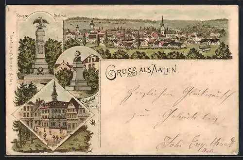 Lithographie Aalen, Rathaus, Kriegerdenkmal und Schubartdenkmal