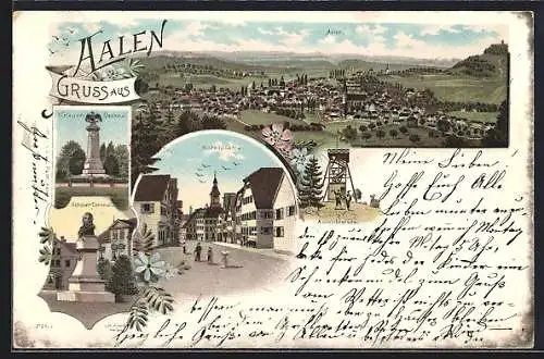 Lithographie Aalen, Schubart-Denkmal, Marktplatz und Kriegerdenkmal