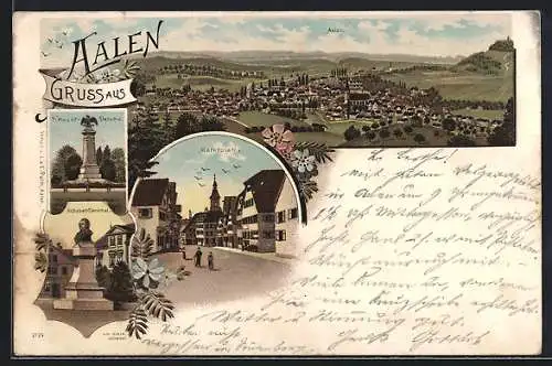 Lithographie Aalen, Marktplatz, Schubart-Denkmal, Krieger-Denkmal