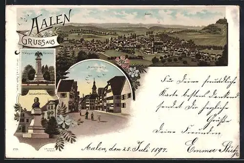 Lithographie Aalen, Marktplatz, Schubart-Denkmal, Krieger-Denkmal