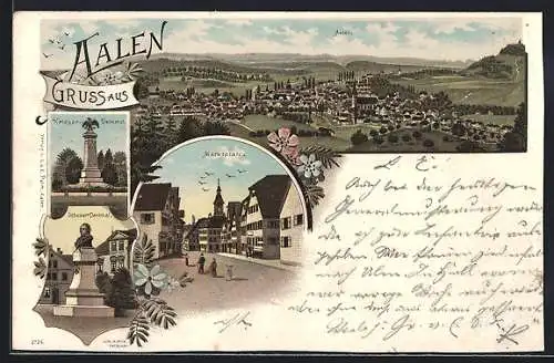 Lithographie Aalen, Ortsansicht von oben, Spion mit Pfeife, Strassenpartie