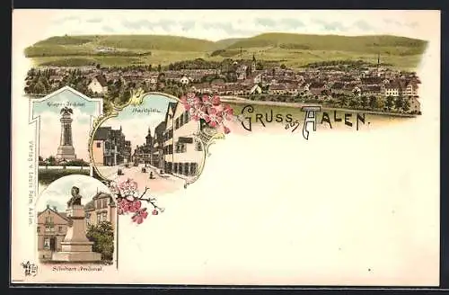 Lithographie Aalen, Marktplatz, Totalansicht, Schubart-Denkmal und Kriegerdenkmal