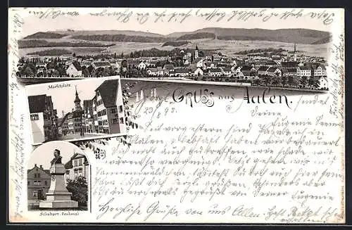 Vorläufer-Lithographie Aalen, 1895, Marktplatz, Totalansicht und Schubart-Denkmal