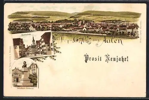 Lithographie Aalen, Marktplatz, Schubart-Denkmal und Totalansicht