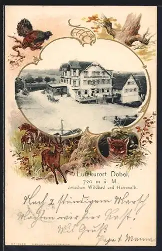 Passepartout-Lithographie Dobel / Schwarzwald, Hotel Sonne v. J. Kramen, Rahmen mit Rehbock, Auerhahn und Fuchs