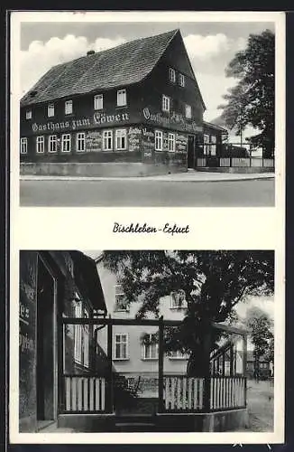 AK Bischleben-Erfurt, Gasthaus zum Löwen, Aussenansicht und Terrasse