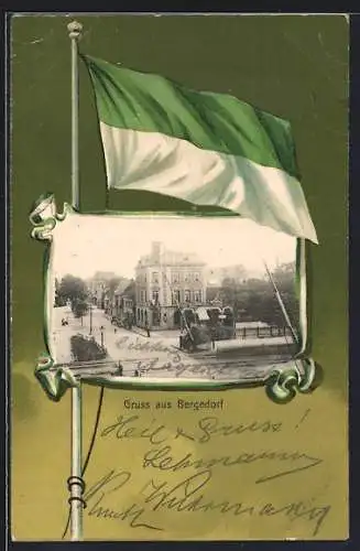 Passepartout-Lithographie Bergedorf, Strassenpartie im Rahmen mit Flagge