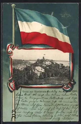 Passepartout-Lithographie Hamburg-Blankenese, Ansicht der Stadt im Rahmen mit Flagge