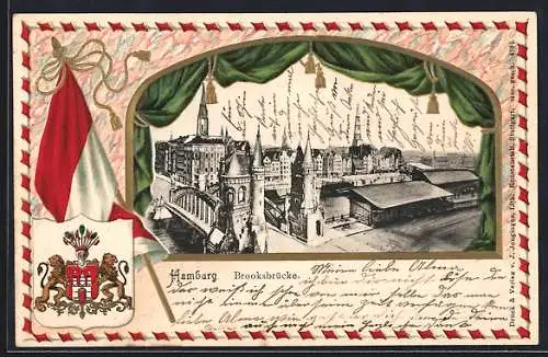 Passepartout-Lithographie Hamburg, Die Brooksbrücke aus der Vogelschau, Wappen und Fahne