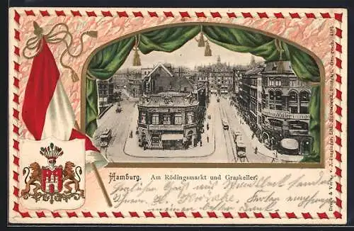 Passepartout-Lithographie Hamburg, Am Rödingsmarkt und Graskeller, Wappen und Strassenbahn