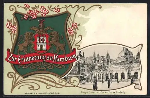 Passepartout-Lithographie Hamburg-St.Pauli, Reeperbahn mit Konzerthaus Ludwig, Wappen gerahmt von Blumen